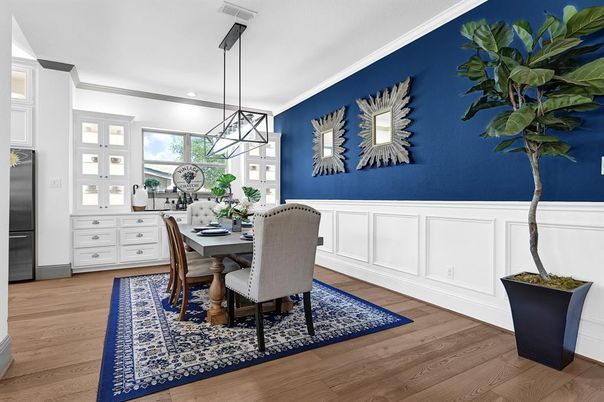 Dining room, Interior, Pendant Lights, Recessed Lighting, Wood Texture Flooring