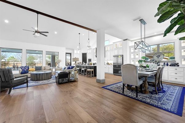 Dining room, Interior, Kitchen, Living room, Pendant Lights, Recessed Lighting, Wood Texture Flooring