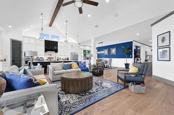 Dining room, Interior, Kitchen, Living room, Pendant Lights, Recessed Lighting, Stainless Steel Appliances, Wood Texture Flooring