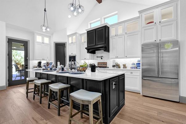 Interior, Kitchen, Pendant Lights, Recessed Lighting, Stainless Steel Appliances, Wooden Beams, Wood Texture Flooring