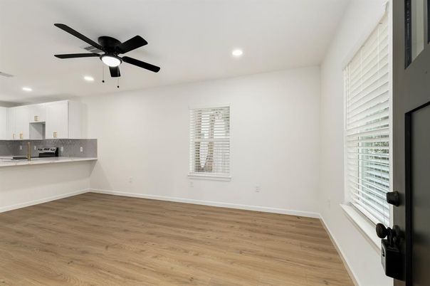 Empty room, Interior, Kitchen, Recessed Lighting, Wood Texture Flooring