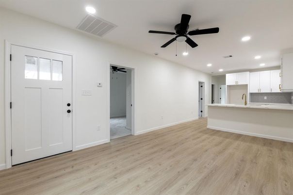 Empty room, Interior, Kitchen, Recessed Lighting, Wood Texture Flooring