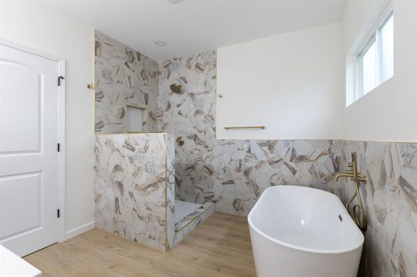 Bathroom, Free Standing Baths, Interior, Marble Walls, Wood Texture Flooring