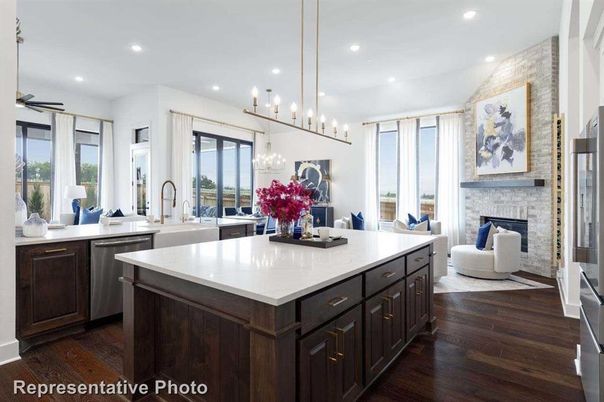 Fireplace, Interior, Kitchen, Living room, Pendant Lights, Recessed Lighting, Stainless Steel Appliances, Wood Texture Flooring
