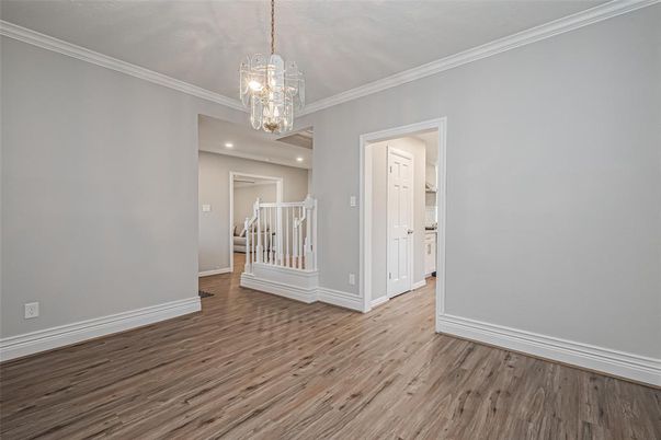 Chandelier, Empty room, Interior, Recessed Lighting, Wood Texture Flooring