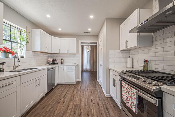 Interior, Kitchen, Pendant Lights, Recessed Lighting, Stainless Steel Appliances, Wood Texture Flooring