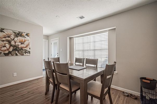 Dining room, Interior, Recessed Lighting, Wood Texture Flooring