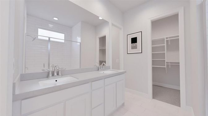 Bathroom, Dual Sink Vanities, Interior, Recessed Lighting, Walk-in Closets