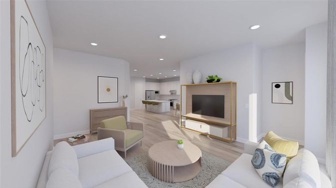 Interior, Kitchen, Living room, Recessed Lighting, Wood Texture Flooring