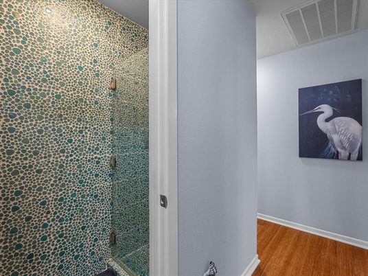 Bathroom, Glass Shower, Interior, Wood Texture Flooring