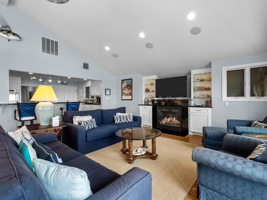 Fireplace, Interior, Kitchen, Living room, Recessed Lighting, Stainless Steel Appliances, Wood Texture Flooring