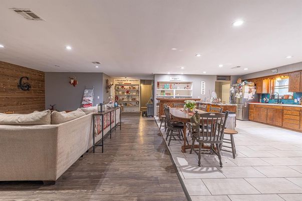 Dining room, Interior, Kitchen, Living room, Recessed Lighting, Stone Walls