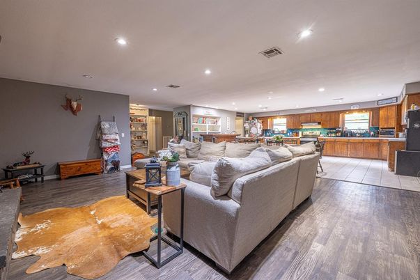 Interior, Kitchen, Living room, Recessed Lighting, Wood Texture Flooring