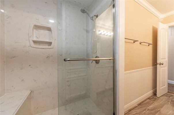 Bathroom, Glass Shower, Interior, Marble Walls, Recessed Lighting