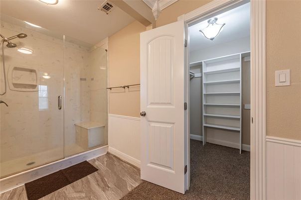 Bathroom, Glass Shower, Interior, Walk-in Closets, Wood Texture Flooring
