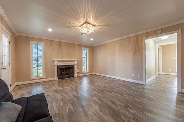 Empty room, Fireplace, Interior, Recessed Lighting, Wood Texture Flooring