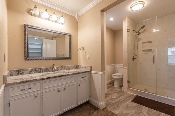 Bathroom, Glass Shower, Interior, Recessed Lighting, Wood Texture Flooring