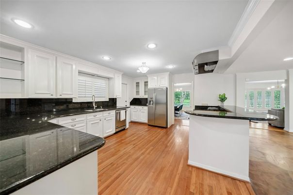 Interior, Kitchen, Recessed Lighting, Stainless Steel Appliances, Wood Texture Flooring