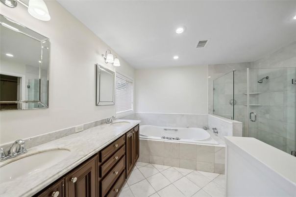 Bathroom, Dual Sink Vanities, Glass Shower, Interior, Recessed Lighting