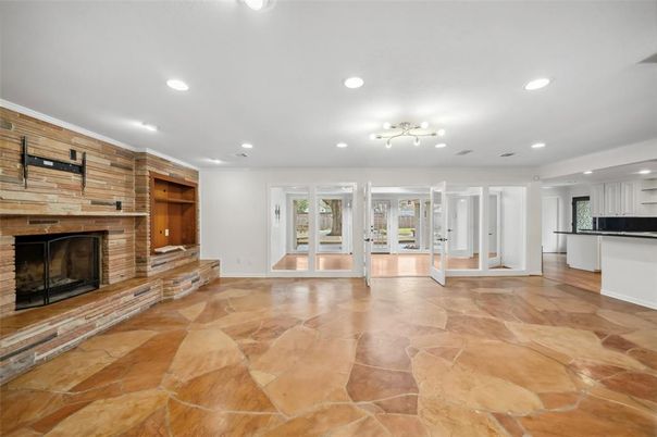 Empty room, Fireplace, Interior, Kitchen, Recessed Lighting, Stone Walls