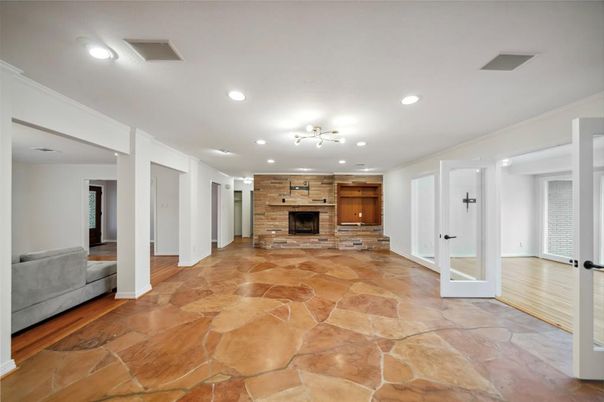 Empty room, Fireplace, Interior, Recessed Lighting, Wood Texture Flooring