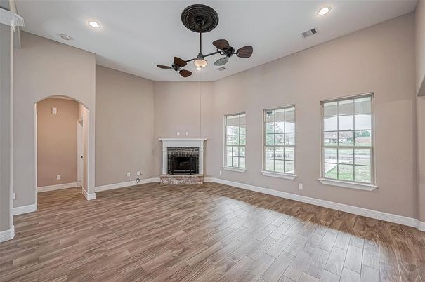 Empty room, Fireplace, Interior, Recessed Lighting, Wood Texture Flooring