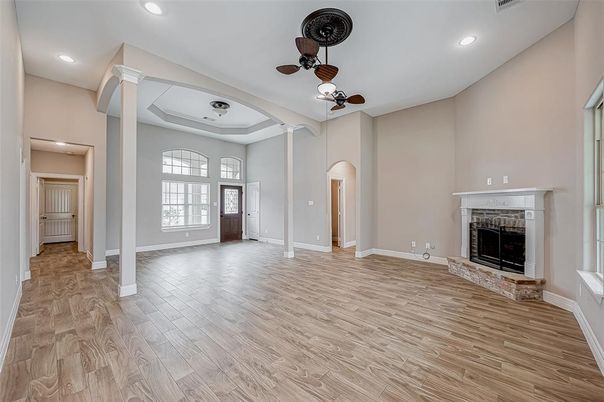 Empty room, Fireplace, Interior, Recessed Lighting, Wood Texture Flooring