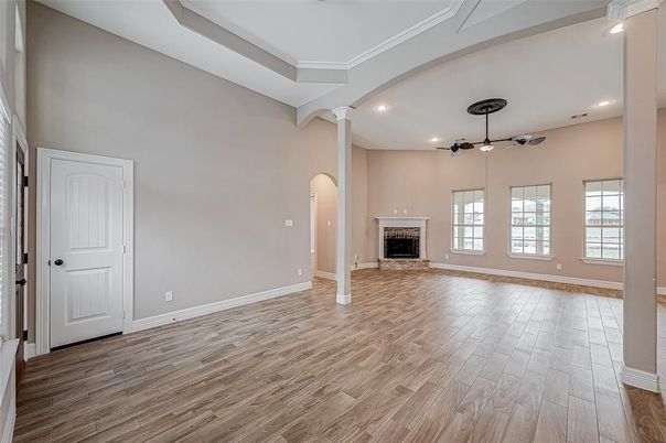 Empty room, Fireplace, Interior, Pendant Lights, Recessed Lighting, Wood Texture Flooring