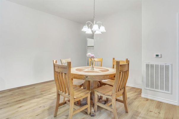 Dining room, Interior, Pendant Lights, Wood Texture Flooring