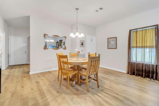 Dining room, Interior, Pendant Lights, Wood Texture Flooring