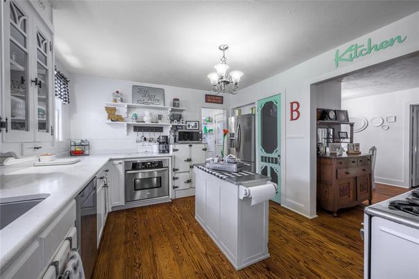 Chandelier, Interior, Kitchen, Stainless Steel Appliances, Wood Texture Flooring