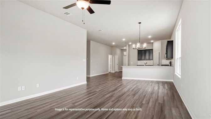 Empty room, Interior, Kitchen, Pendant Lights, Recessed Lighting, Wood Texture Flooring