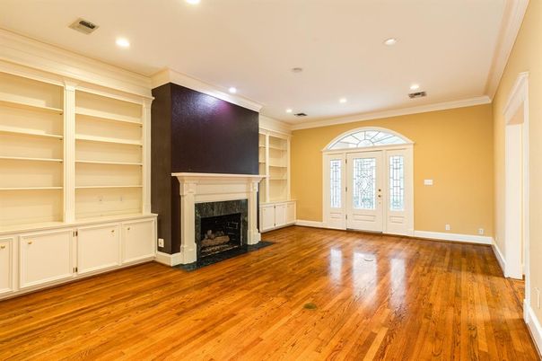 Empty room, Fireplace, Interior, Recessed Lighting, Wood Texture Flooring