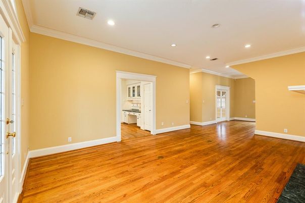 Empty room, Interior, Kitchen, Recessed Lighting, Wood Texture Flooring