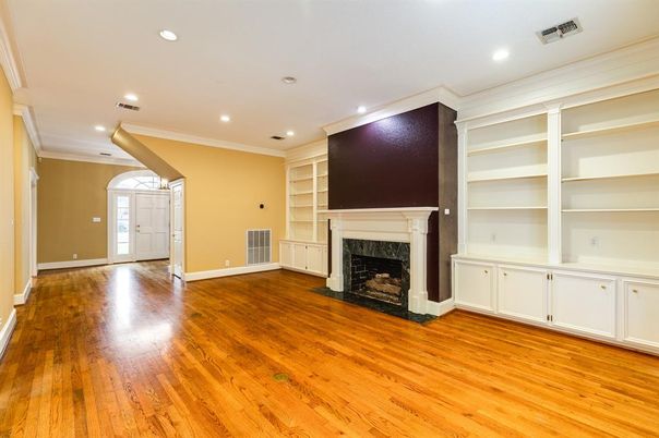 Empty room, Fireplace, Interior, Recessed Lighting, Wood Texture Flooring