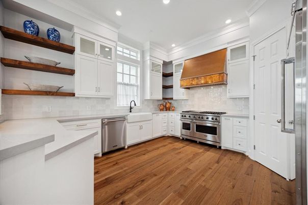 Interior, Kitchen, Recessed Lighting, Stainless Steel Appliances, Wood Texture Flooring