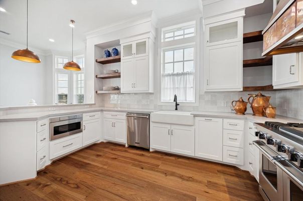 Interior, Kitchen, Pendant Lights, Recessed Lighting, Stainless Steel Appliances, Wood Texture Flooring