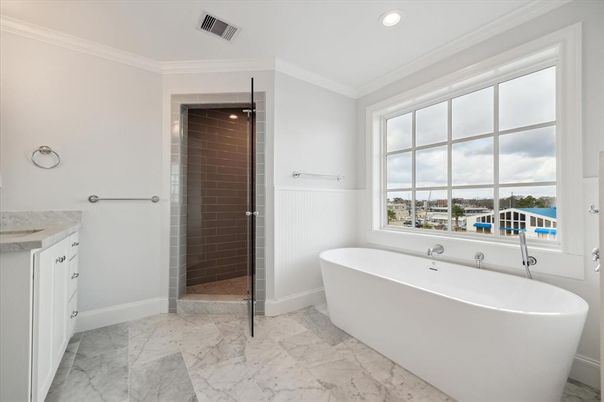 Bathroom, Free Standing Baths, Glass Shower, Interior, Marble, Recessed Lighting