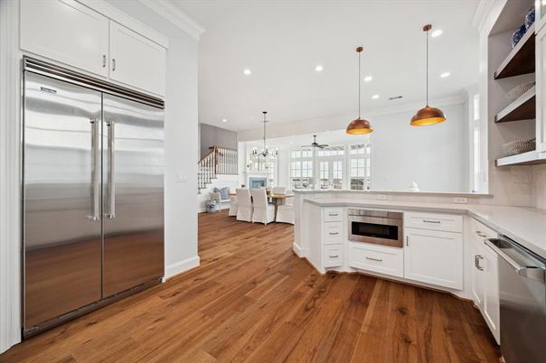 Interior, Kitchen, Pendant Lights, Recessed Lighting, Stainless Steel Appliances, Wood Texture Flooring