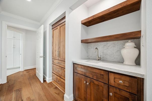 Interior, Marble Walls, Recessed Lighting, Wood Texture Flooring