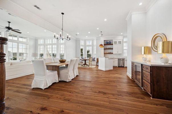 Dining room, Interior, Kitchen, Pendant Lights, Recessed Lighting, Wood Texture Flooring