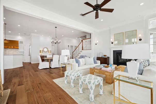Dining room, Fireplace, Interior, Kitchen, Living room, Pendant Lights, Recessed Lighting, Wood Texture Flooring