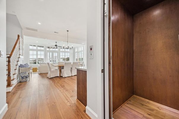 Dining room, Interior, Living room, Pendant Lights, Recessed Lighting, Wood Texture Flooring, Wooden Walls
