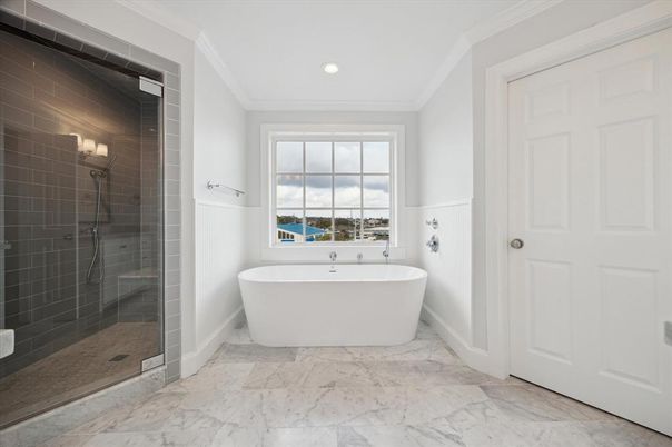 Bathroom, Free Standing Baths, Glass Shower, Interior, Marble, Recessed Lighting