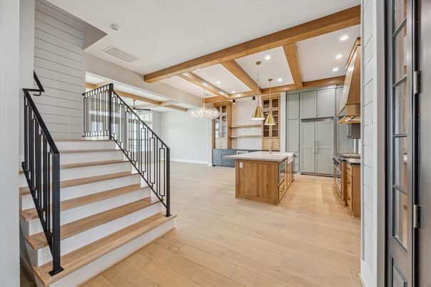 Chandelier, Interior, Kitchen, Pendant Lights, Recessed Lighting, Wooden Beams, Wood Texture Flooring