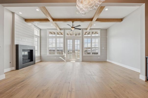 Empty room, Fireplace, Interior, Recessed Lighting, Wooden Beams, Wood Texture Flooring