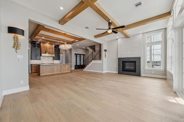 Chandelier, Fireplace, Interior, Kitchen, Recessed Lighting, Wooden Beams, Wood Texture Flooring