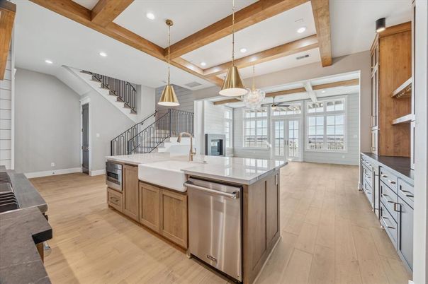 Interior, Kitchen, Pendant Lights, Recessed Lighting, Stainless Steel Appliances, Wooden Beams, Wood Texture Flooring