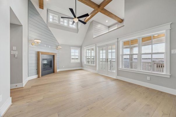 Empty room, Fireplace, Interior, Recessed Lighting, Wooden Beams, Wood Texture Flooring