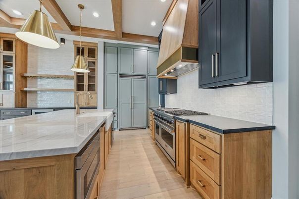 Interior, Kitchen, Pendant Lights, Recessed Lighting, Stainless Steel Appliances, Wooden Beams, Wood Texture Flooring